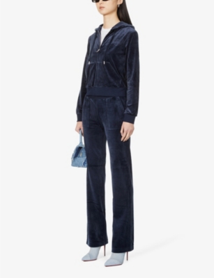 Shop Juicy Couture Women's Night Sky Logo-embroidered Straight-leg High-rise Velour Trousers In Navy