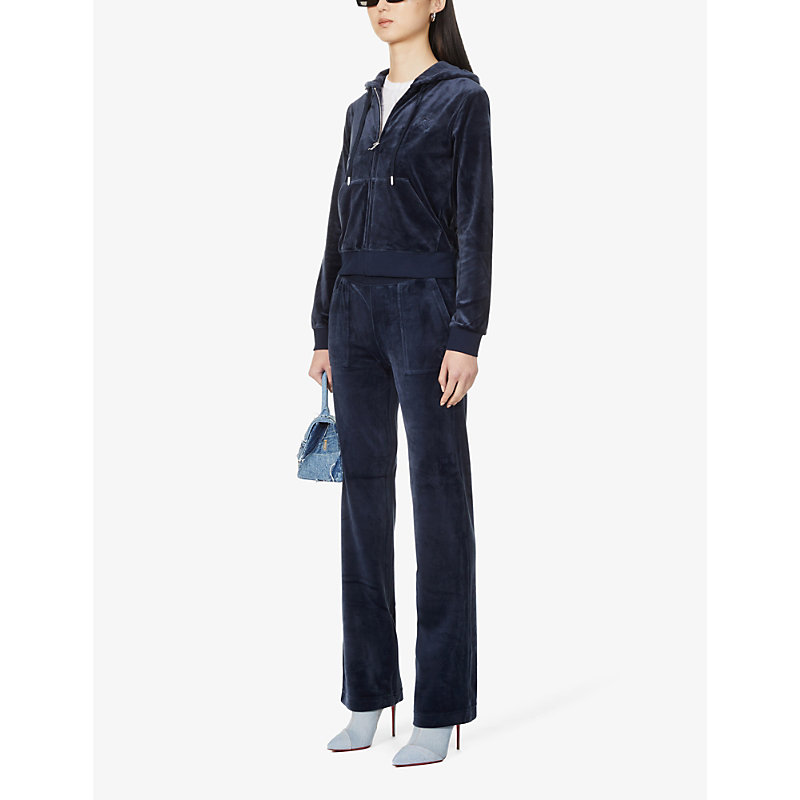 Shop Juicy Couture Women's Night Sky Logo-embroidered Straight-leg High-rise Velour Trousers In Navy