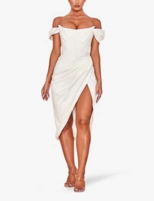 House Of Cb Womens Ivory Loretta Off-shoulder Satin Midi Dress In Ivory