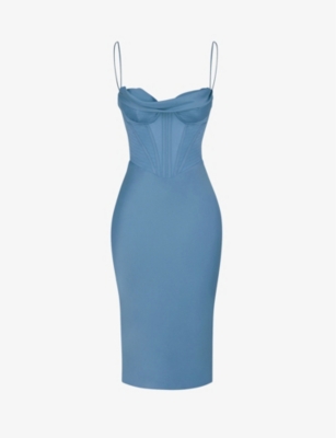 Shop House Of Cb Myrna Corset Satin Midi Dress In Blue
