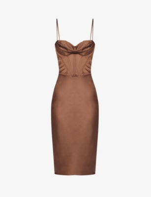 House Of Cb Myrna Satin Corset Midi Dress In Brown