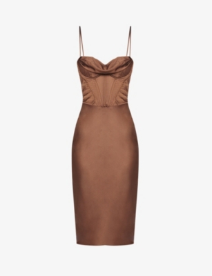 Shop House Of Cb Women's Brown Myrna Corset Satin Midi Dress