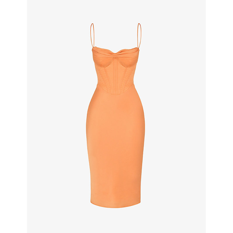 Shop House Of Cb Myrna Corset Satin Midi Dress In Orange