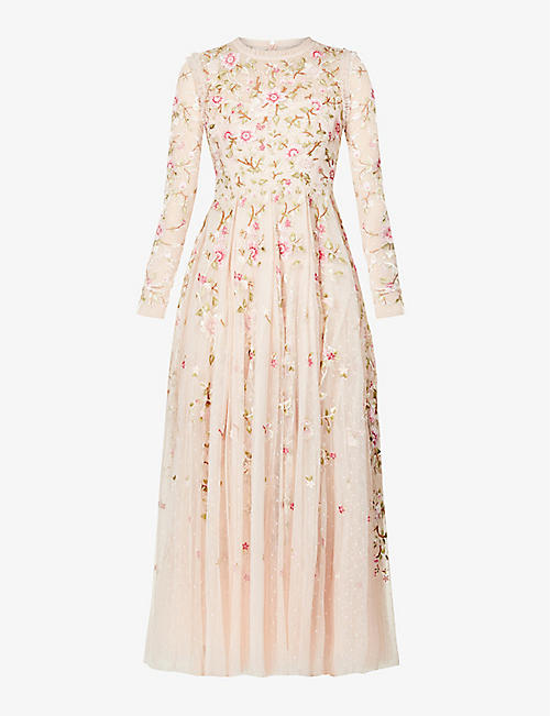 NEEDLE AND THREAD: Lilian floral-embroidered tulle midi dress