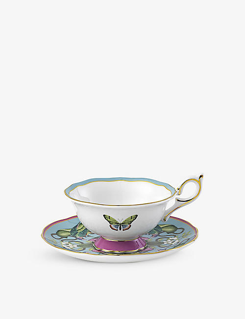 WEDGWOOD: Menagerie botanical-print porcelain teacup and saucer set