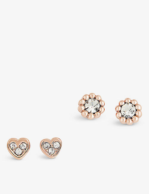 TED BAKER: Nano heart and crystal rose gold-plated brass and sterling silver earrings set of two