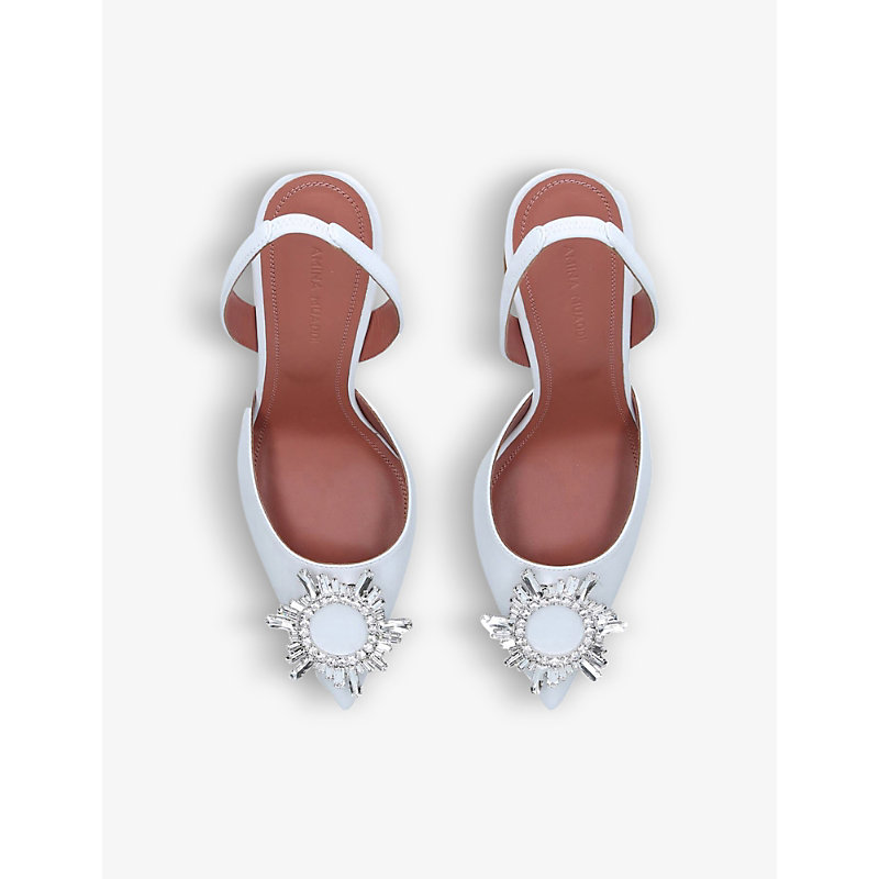 Shop Amina Muaddi Women's White Begum Crystal-embellished Slingback Satin Heels