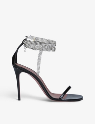 Shop Amina Muaddi Womens Black Giorgia Crystal-embellished Leather Heeled Sandals