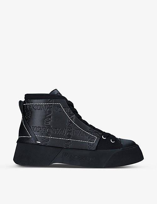 JW ANDERSON: Brand-embossed leather and canvas high-top trainers