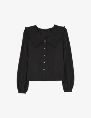 Whistles Oversized-collar Ruffled-trim Woven Top In Black