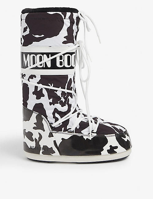 MOON BOOT: Classic cow-print woven snow boots