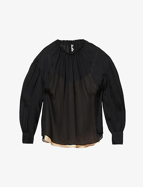 VINCE: Shirred-neck silk blouse
