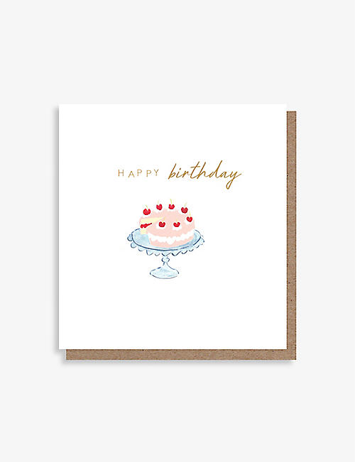 CAROLINE GARDNER: Happy Birthday cherry cake greetings card 13.5cm x 12.5cm