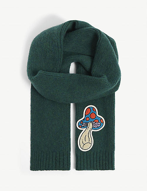 HOWLIN': Mushroom graphic-embroidered wool scarf 150cm x 20cm