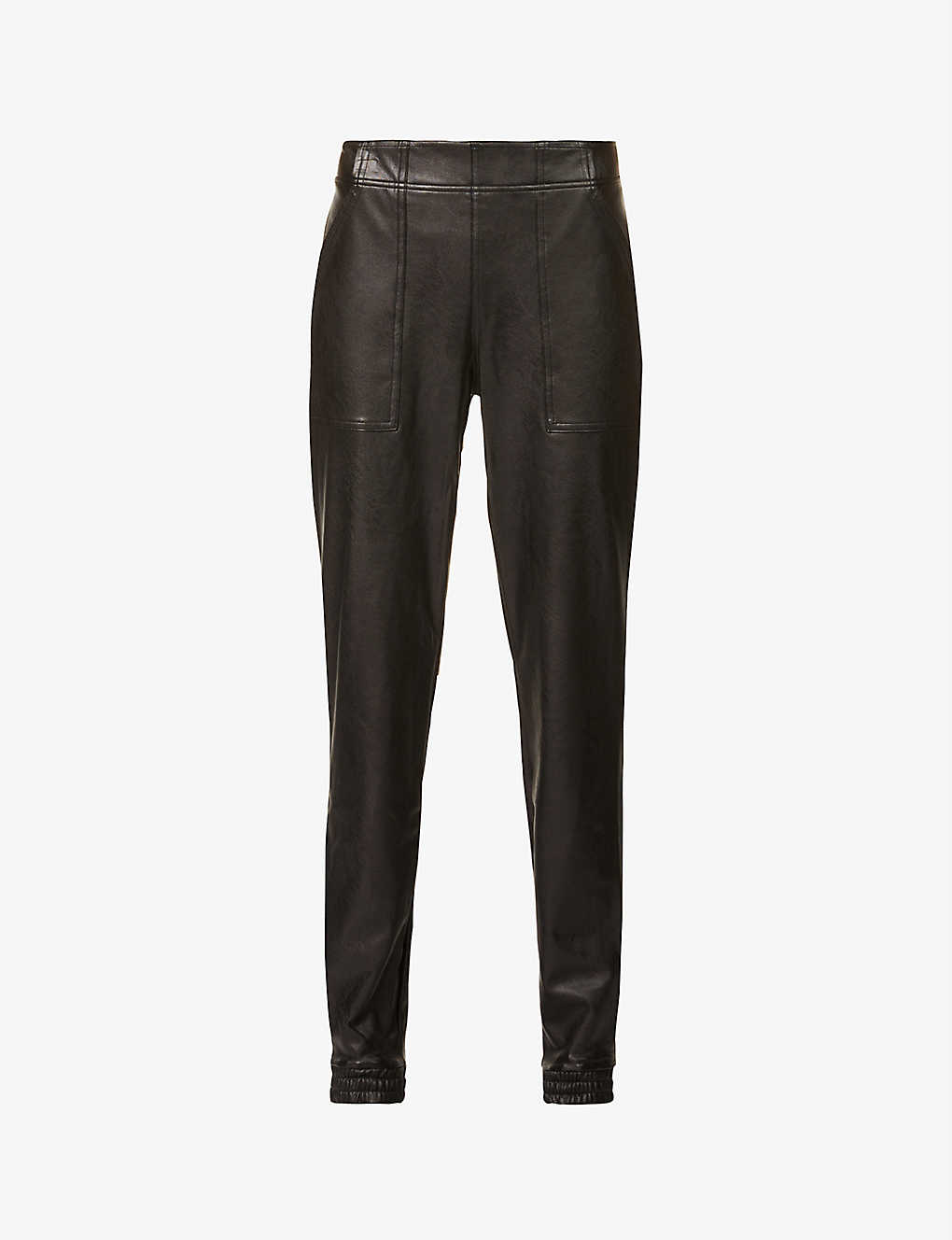 Spanx Leather Like Tapered-leg Mid-rise Stretch Faux-leather Jogging Bottoms In Noir Black