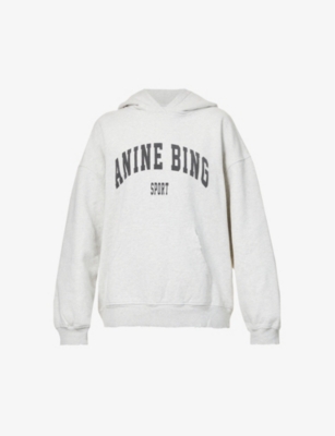 Shop Anine Bing Womens Grey Melange Harvey Logo-print Cotton-jersey Hoody
