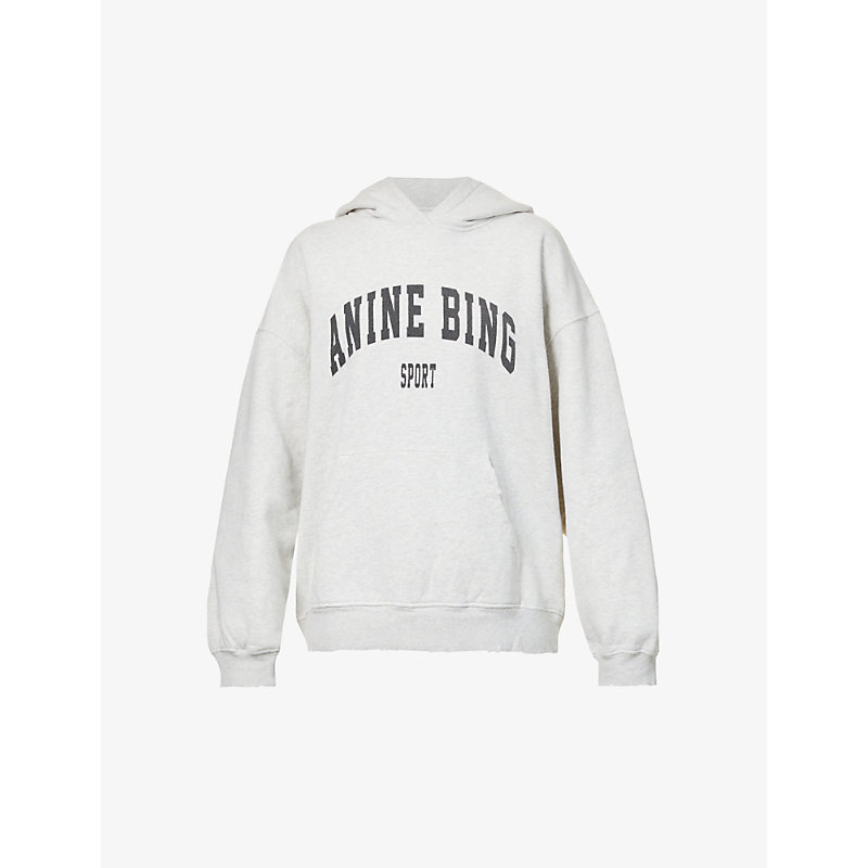 Shop Anine Bing Harvey Logo-print Cotton-jersey Hoody In Grey Melange