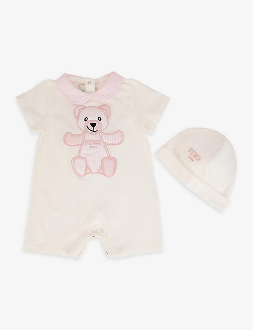 FENDI: Bear logo-embroidered stretch-cotton babygrow set 3-6 months