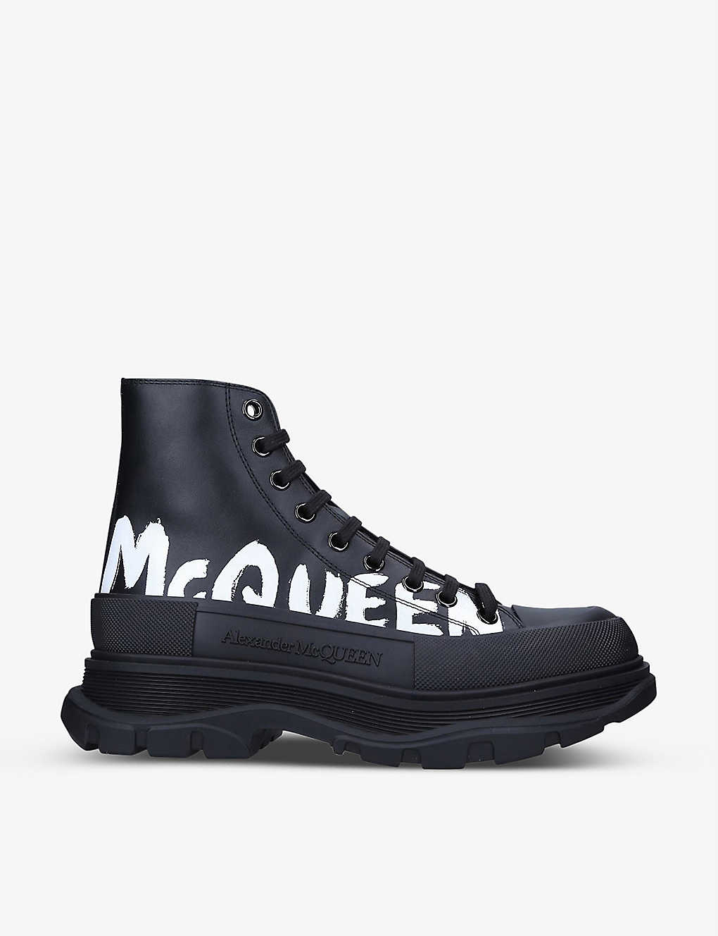 Shop Alexander Mcqueen Tread Slick Logo-embossed Leather Ankle Boots In Blk/white