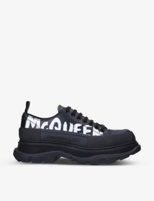 Shop Alexander Mcqueen Men's Blk/white Tread Slick Logo-embossed Leather Low-top Trainers In Black