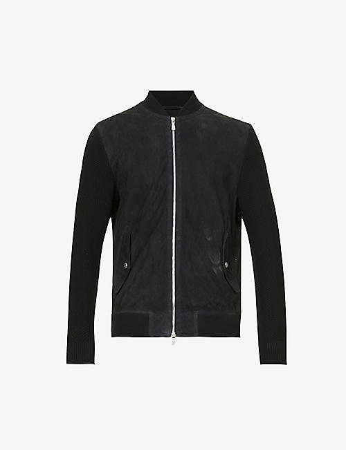 ELEVENTY: Contrast-sleeve perforated suede bomber jacket