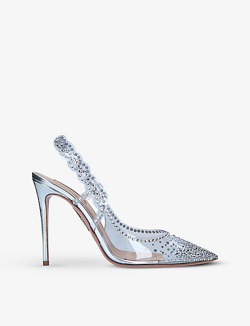 AQUAZZURA: Heaven crystal embellished leather and PVC courts
