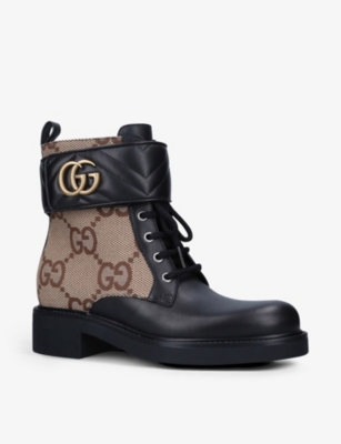 GUCCI GG Marmont round-toe leather and canvas ankle boots