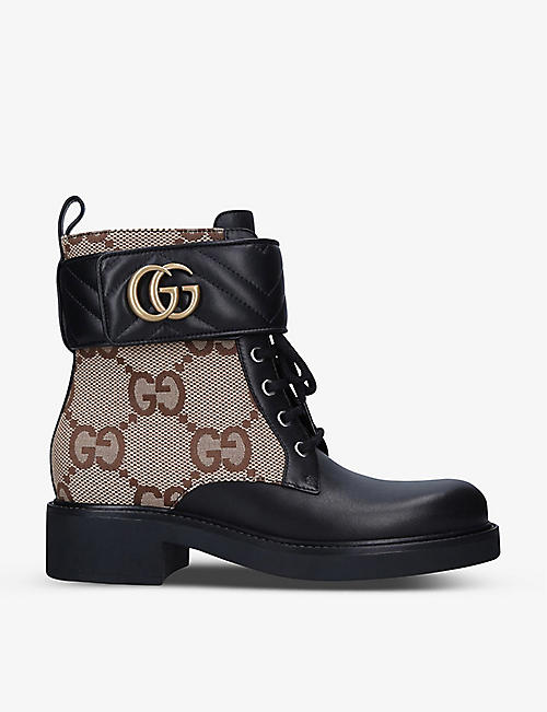 GUCCI: GG Marmont round-toe leather and canvas ankle boots