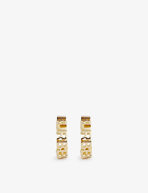 BURBERRY: Logo-lettering yellow gold-plated brass hoop earrings
