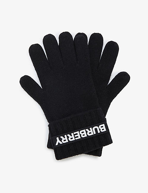 BURBERRY: Logo-print ribbed cashmere gloves
