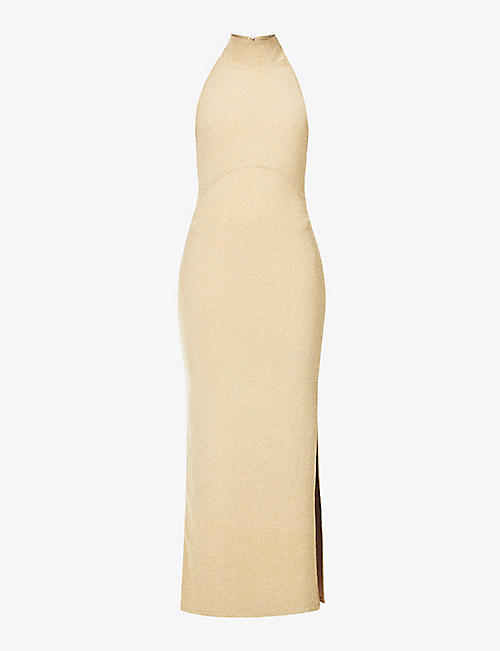 HERVE LEGER: Halterneck open-back recycled rayon-blend gown