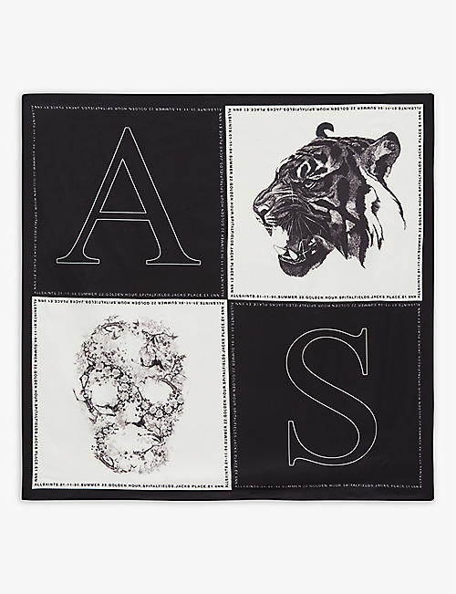 ALLSAINTS: Grid logo-print silk scarf