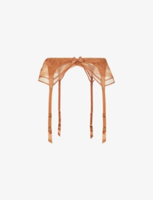 Agent Provocateur Tanya Stretch-silk And Lace Suspender Belt In Gold