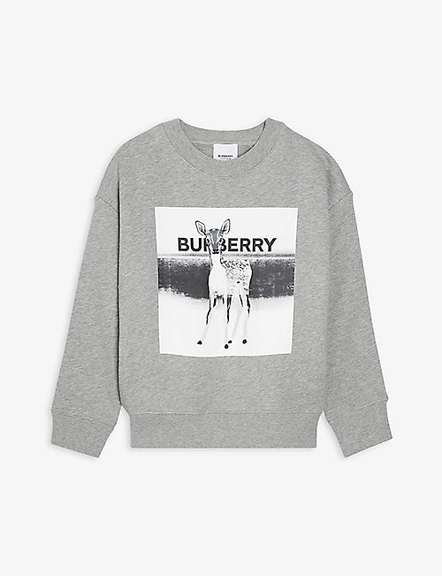 BURBERRY: Deer-print branded cotton sweatshirt 6-14 years