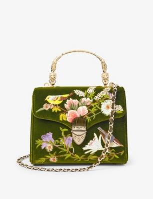 Shop Aspinal Of London Olive Mayfair Mini Velvet And Leather Shoulder Bag