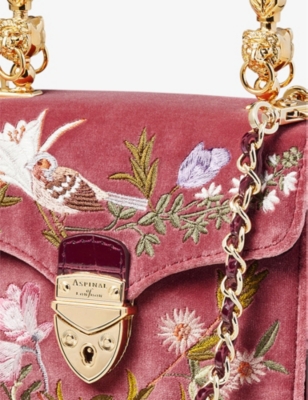 Shop Aspinal Of London Tea Rose Mayfair Mini Bird-embellished Velvet Leather Shoulder Bag