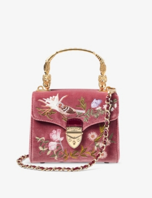 Shop Aspinal Of London Tea Rose Mayfair Mini Bird-embellished Velvet Leather Shoulder Bag