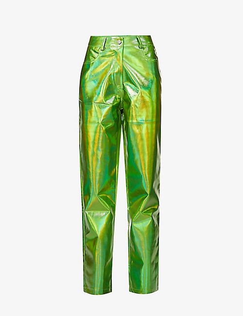 AMY LYNN: Lupe metallic high-rise straight-leg faux-leather trousers