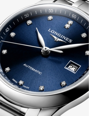 Shop Longines Womens Blue L22574976 Master Stainless-steel And 0.34ct Round-cut Automatic Watch