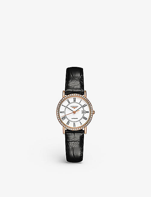 LONGINES: L4.378.9.11.0 Elegant Collection diamond, 18ct rose gold-plated stainless steel and leather watch