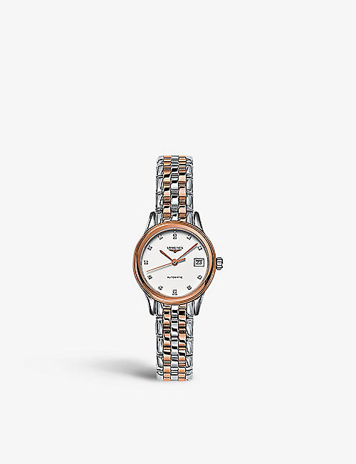 LONGINES: L4.274.3.99.7 Flagship 18ct rose-gold, stainless steel and 0.034ct diamond automatic watch