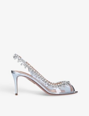 AQUAZZURA: Temptation crystal-embellished leather and PVC slingback sandals