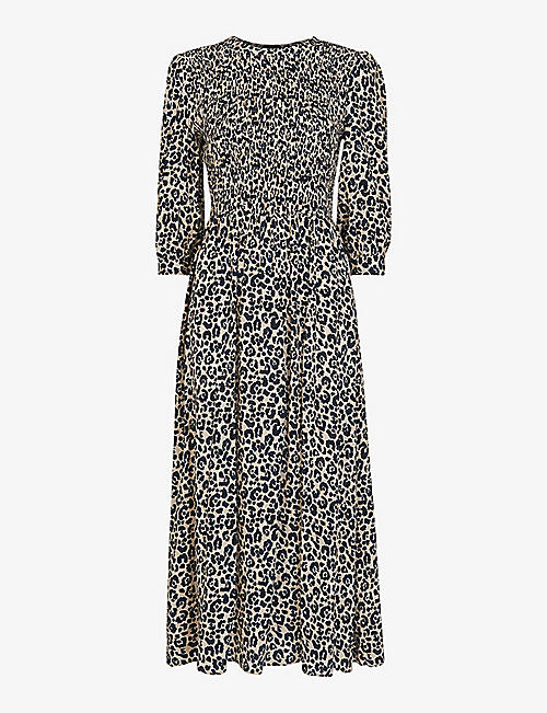 WHISTLES: Cheetah-print shirred woven midi dress