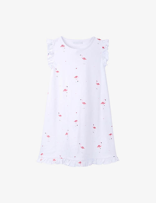 THE LITTLE WHITE COMPANY: Flamingo-print ruffled cotton-jersey nightdress 1-10 years