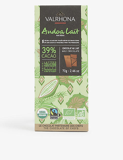 VALRHONA: Andoa organic 39% milk chocolate bar 70g