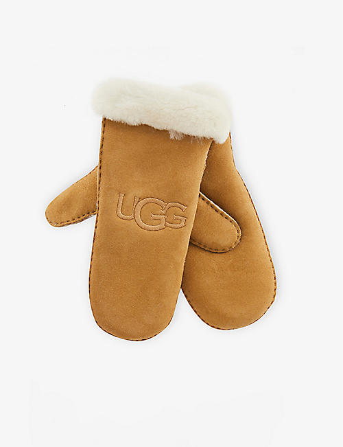UGG: Logo-embroidered rounded leather and shearling mittens