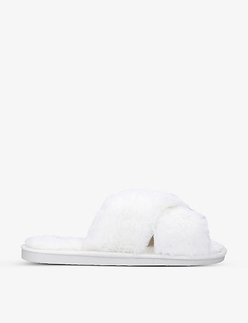 LAINES LONDON: Panther-embellished faux-fur slippers