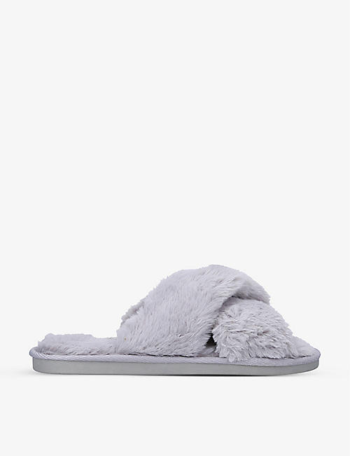 LAINES LONDON: Eye-embellished faux-fur slippers