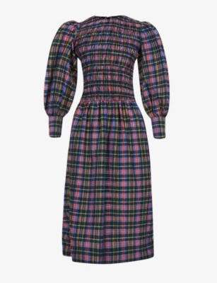 GANNI - Shirred organic cotton-blend seersucker midi dress | Selfridges.com
