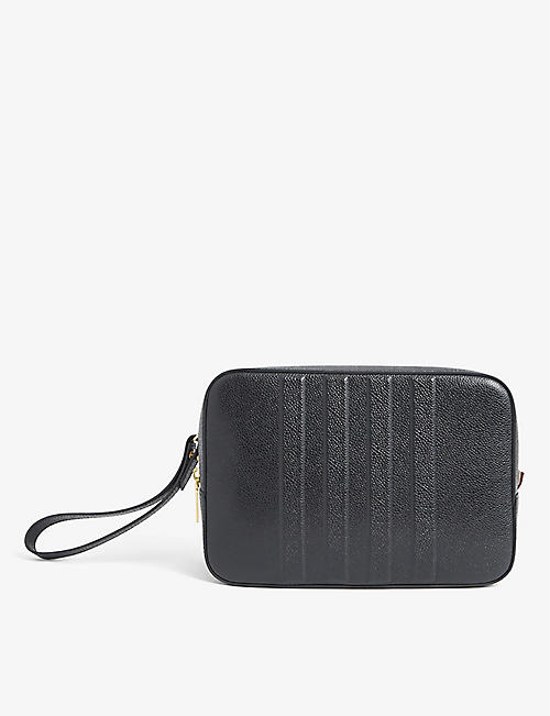 THOM BROWNE: Stripe-debossed zipped grained-leather wash bag